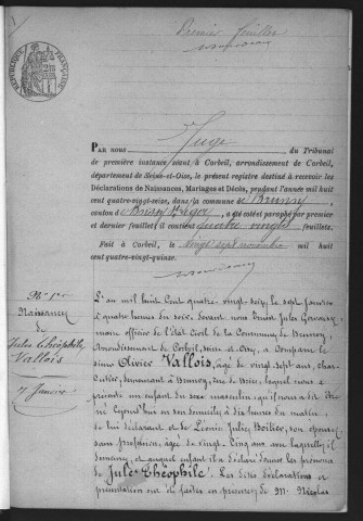 BRUNOY.- Naissances, mariages, décès : registre d'état civil (1896-1899). 
