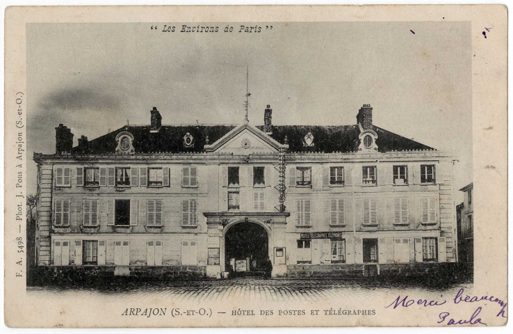 ARPAJON. - Hôtel des postes et télégraphes, FA, 1903, 2 mots, 5 c, ad. 