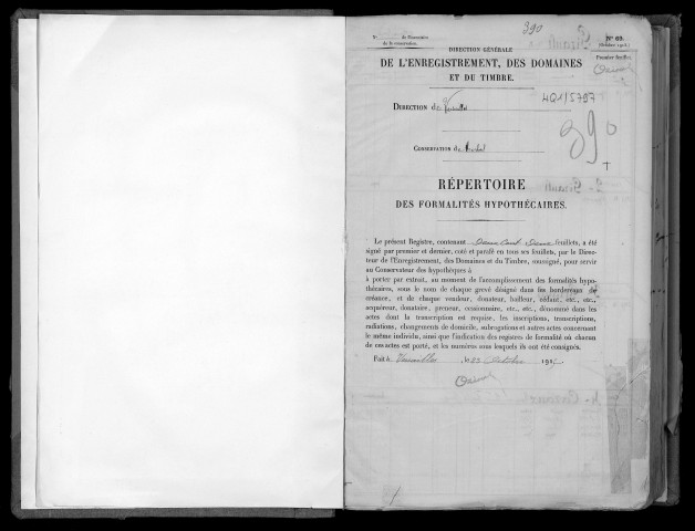 Conservation des hypothèques de CORBEIL. - Répertoire des formalités hypothécaires, volume n° 390 : A-Z (registre ouvert en 1915). 