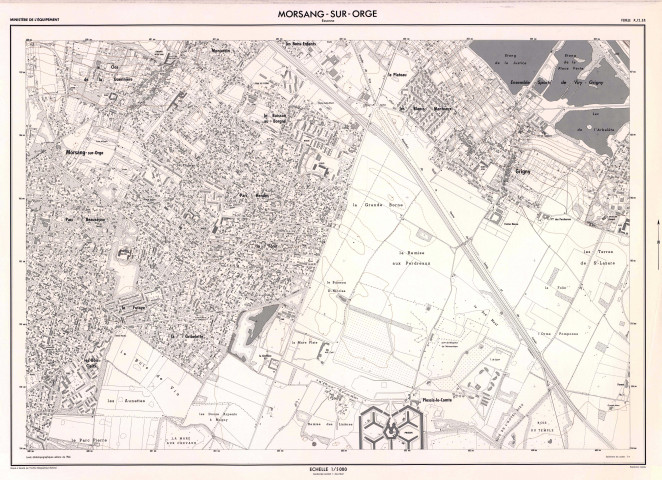 MORSANG-SUR-ORGE. - Ministère de l'équipement, feuille X-12-SO, levés stéréotopographiques aériens, dressé et dessiné par l'Institut géographique national, 1966. Ech. 1/5 000. Papier. N et B. Dim. 79,5 x 107,5 cm. [1 plan].