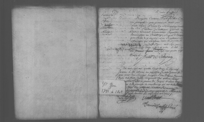SAINT-YON. Naissances, mariages, décès : registre d'état civil (1791-an XI). [mariages (an VII et les six premiers mois de l'an VIII), voir 4E506. Lacunes : N.M.D. (an V-an VI)]. 