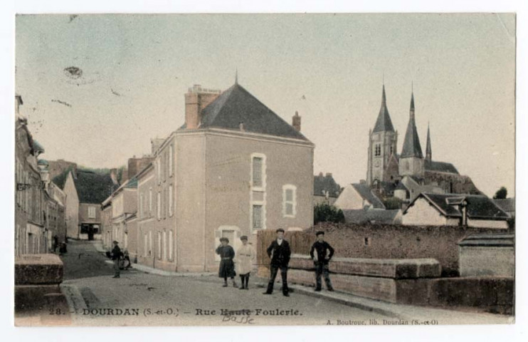 DOURDAN. - Rue Basse-foulerie. Boutroue (1905), 6 lignes, 10 c, ad, coloriée. 