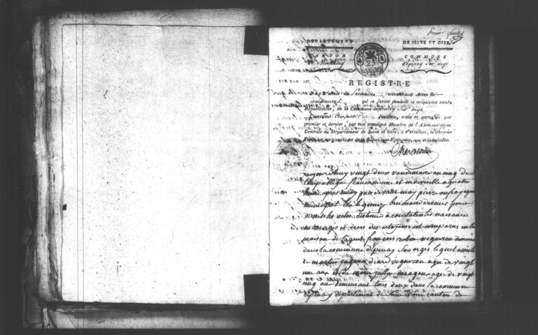 EPINAY-SUR-ORGE. Naissances, mariages, décès : registre d'état civil (an V-an X). [mariages (an VII et les six premiers mois de l'an VIII), voir 4E2130-2131]. 