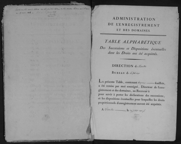 FERTE-ALAIS (LA), bureau de l'enregistrement. - Tables des successions. - Vol. 4 : 1er janvier 1821 - 1824. 