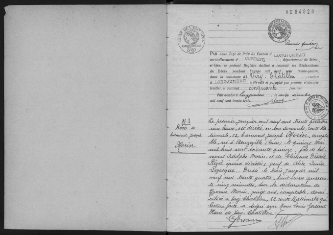 VIRY-CHATILLON. - Décès : registre d'état civil.