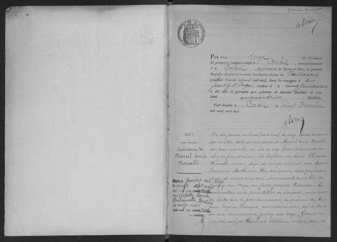 JUVISY-SUR-ORGE. - Naissances : registre d'état civil. 