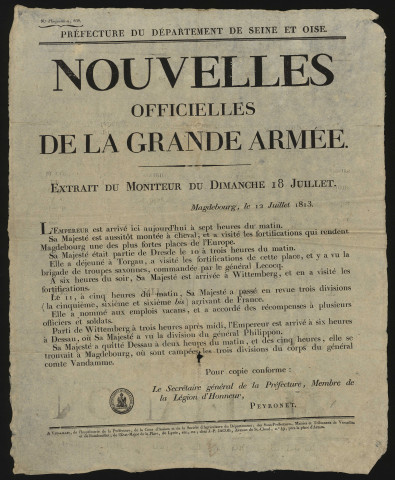 Seine-et-Oise [Département]. - Nouvelles officielles des Armées (extrait du moniteur du dimanche 18 juillet 1813), 12 juillet 1813. 