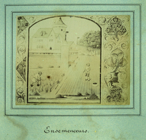 MARCOUSSIS.- La ferme de Marcoussis et l'étang de la Saussaie, 1876, N et B. Dim. 12 x 15 cm. [reproduction d'une enluminure]. 