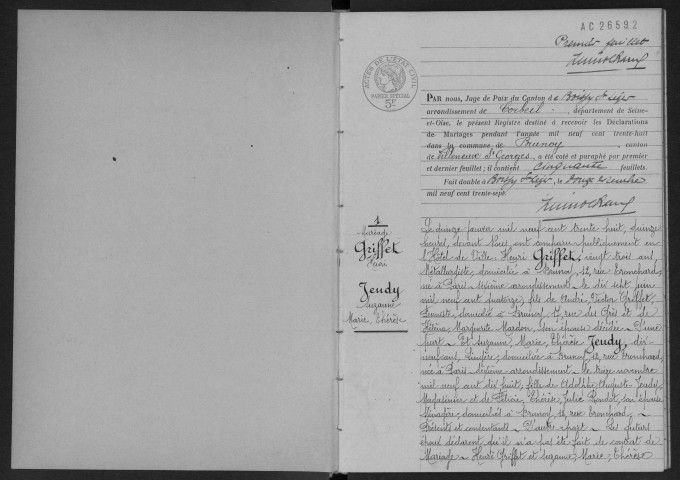 BRUNOY.- Mariages : registre d'état civil (1938). 