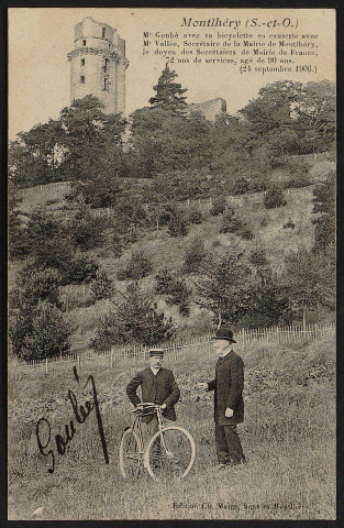Montlhéry.- Messieurs Goubé et Vallée et la tour (1906). 