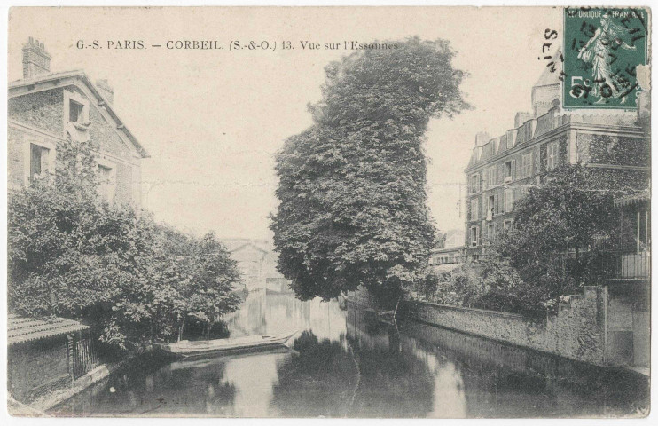 CORBEIL-ESSONNES. - Vue sur l'Essonne, GS, 1902, 3 mots, 5 c, ad. 