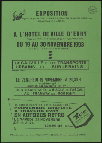 EVRY. - Exposition : Decauville et les transports urbain et suburbains, Hôtel-de-Ville, 19 novembre-30 novembre 1993. 