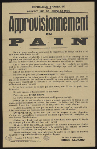 Seine-et-Oise [Département]. - Approvisionnement en pain, 3 novembre 1944. 