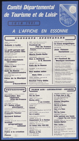 EVRY.- A l'affiche en Essonne : programme culturel, Comité départemental de tourisme et de loisirs, juin 1981. 
