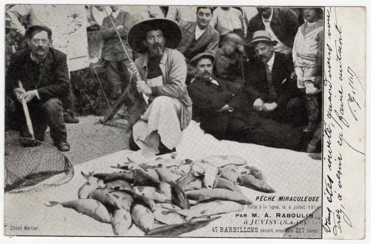 JUVISY-SUR-ORGE. - Pêche miraculeuse faite à la ligne le 4 juillet 1911 par M. Raboulin à Juvisy. 2 lignes, 10 c, ad. 