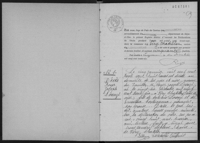 VIRY-CHATILLON. - Décès : registre d'état civil.