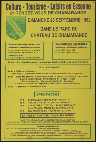 CHAMARANDE. - 2ème rendez-vous culture, tourisme, loisirs en Essonne : randonnées cyclotouristes, pédestres, spectacles, Parc du château, 26 septembre 1982. 