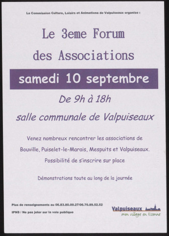 VALPUISEAUX.- 3ème forum des associations, Salle communale, 10 septembre 2011. 