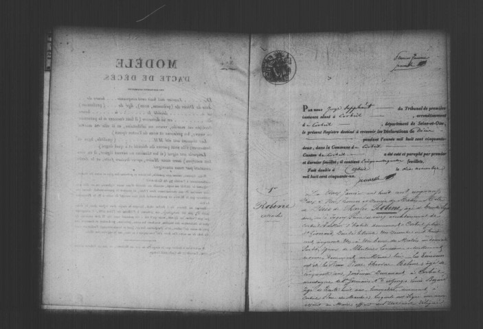 CORBEIL. Décès : registre d'état civil (1852). 