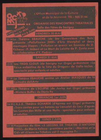 SAVIGNY-SUR-ORGE. - Rencontres théâtrales : programme culturel, Salle des fêtes, [30 mai-8 juin 1980]. 