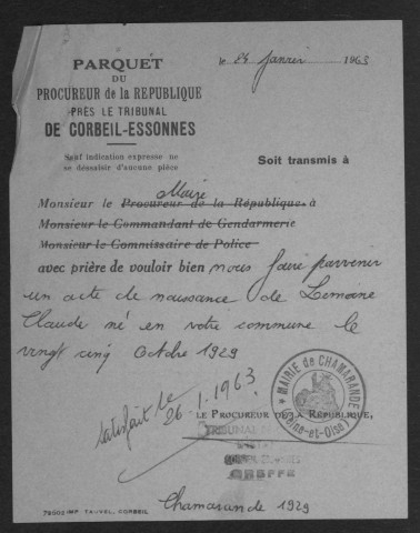 CHAMARANDE.- Naissances, mariages, décès : registre d'état civil (1920-1936). 