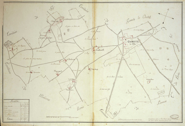 GOMETZ-LA-VILLE. - Plans d'intendance. Plan noir et blanc, dressé par SCHMID, Ech. 1/100 perches, Dim. 80 x 60 cm. 