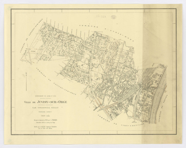 Plan topographique régulier de JUVISY-SUR-ORGE dressé et dessiné par M. POUSSIN, géomètre, vérifié par M. GESTA, ingénieur-géomètre, 1945. Ech. 1/5 000. N et B. Dim. 0,50 x 0,64. 