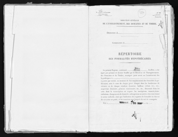 Conservation des hypothèques de CORBEIL. - Répertoire des formalités hypothécaires, volume n° 584 : A-Z (registre ouvert en 1937). 