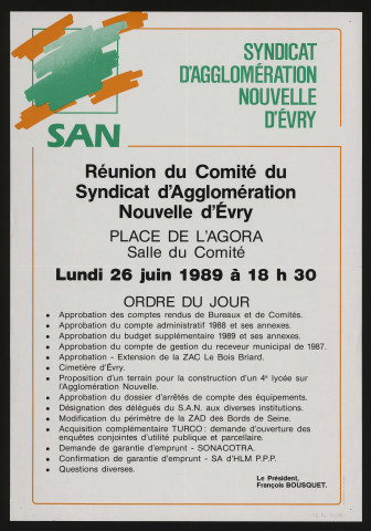 EVRY. - Réunion du comité du syndicat d'agglomération nouvelle d'Evry, Salle du comité - Place de l'Agora, 26 juin 1989. 