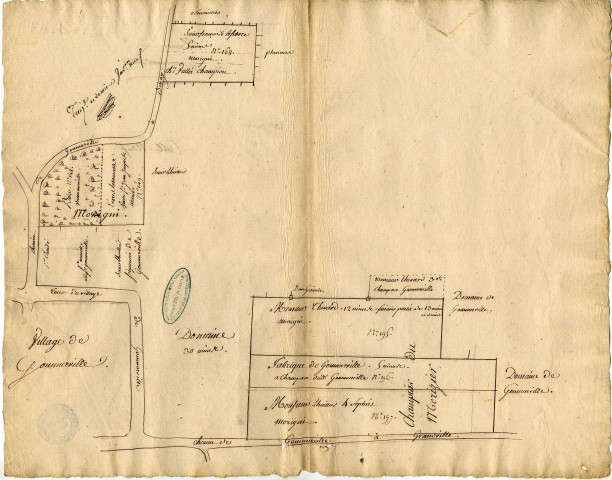 Abbayes et prieurés d'hommes, Bénédictins : abbaye LA SAINTE-TRINITE de MORIGNY. - Terroir de MORIGNY, vers le BOIS-l'ABBE et dans la partie sud-est. Plan du fief de CHASTILLON, à PUSSAY, (1777). Plans de GOMMERVILLE, 13 feuilles. Plan du village de Morigny, avec le château et le parc de Vaudouleurs. s. d. Plan de Morigny contenant les chantiers du Bois Labbé, du Bois des Loges, des Casseaux, de l'Arpent pierreux, des Vauviers, des Ecroissements et de la Tour Huet. s. d. 