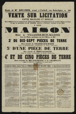 VILLIERS-SUR-MARNE, BRY-SUR-MARNE [Val-de-Marne]. - Vente sur licitation d'une maison et de terres labourables, 27 mars 1881. 