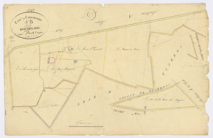 COURCOURONNES. - Section B - Bois Briard (le), ech. 1/2500, coul., aquarelle, papier, 64x97 (1823). 