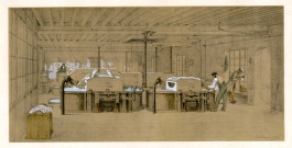 CORBEIL-ESSONNES.- la papeterie d'Essonnes, la fabrication du papier :salle des machines raffineuses, par A. Maugendre, 1846, Coul. Dim. 37 x 55 cm. [1exemplaire]. 