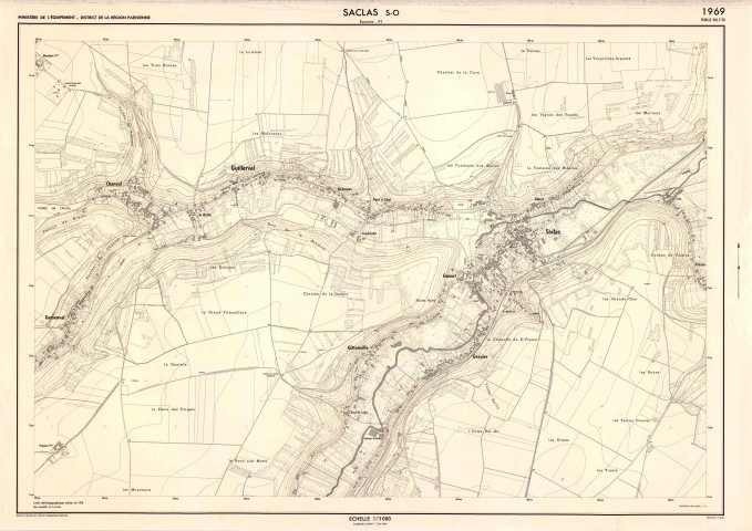 SACLAS. - Ministère de l'équipement, district de la région parisienne, feuilles VIII-7-NO, VIII-7-NE, VIII-7-SO et VIII-7-SE, levés stéréotopographiques aériens, non complétés sur le terrain, dressé et dessiné par l'Institut géographique national, 1969-1970. Ech. 1/5 000. Papier. N et B. Dim. 76 x 108 cm. [4 plans]. 