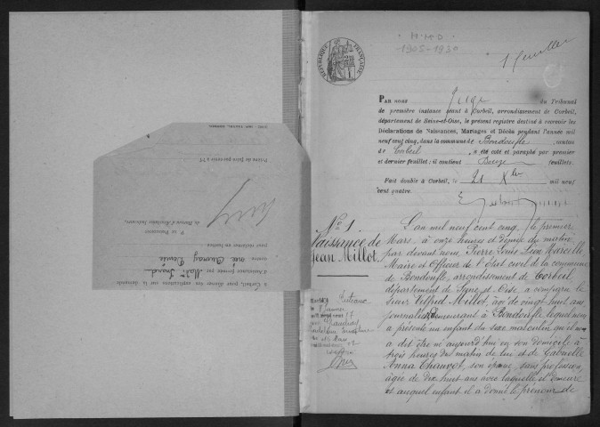 BONDOUFLE.- Naissances, mariages, décès : registre d'état civil (1905-1930). 