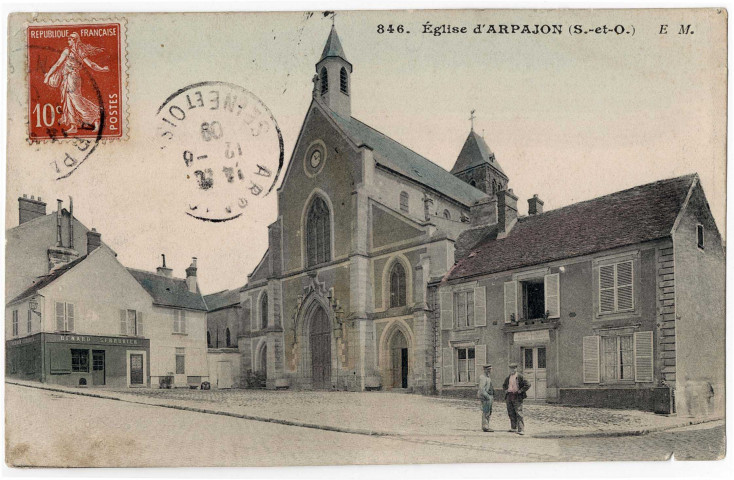 ARPAJON. - L'église d'Arpajon, EM, 1909, 6 lignes, 10 c, ad., coloriée. 