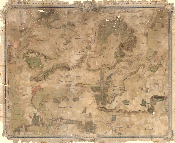 Bouray-sur-Juine, carte de la terre du Mesnil Voysin [Mesnil-Voisin] et de celles qui y adjacentes par le Sieur Roussel capitaine ingénieur du Roy. Echelle de 500 toises, [fin 18e siècle]. 