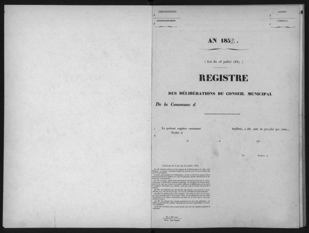 FONTENAY-LES-BRIIS. - Administration générale de la commune, registres de délibérations : registre de délibération du conseil municipal (1852-1855). 