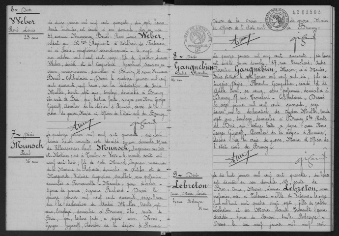 BRUNOY.- Décès : registre d'état civil (1940). 