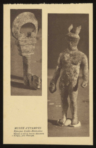 ETAMPES. - Musée d'Etampes. Mercure et clef en bronze, époque gallo-romaine. Collection artistique Rameau, sépia. 