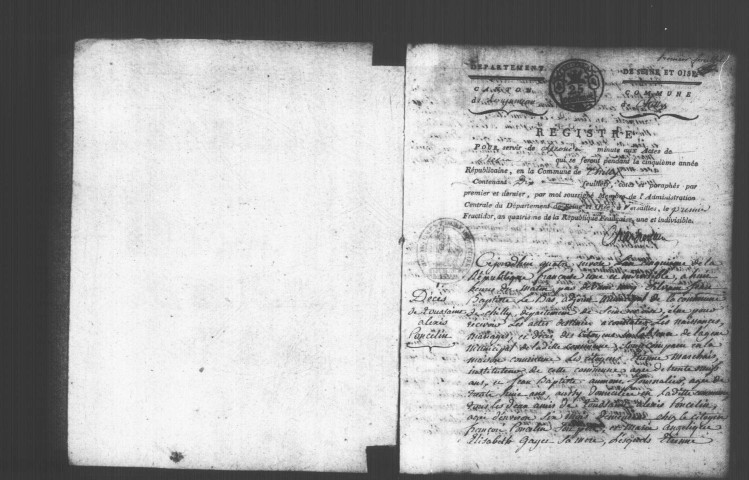 CHILLY-MAZARIN. Naissances, mariages, décès : registre d'état civil (1793-an V). 
