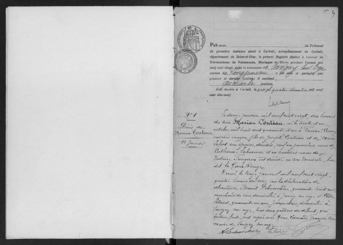 SAVIGNY-SUR-ORGE. - Naissances, mariages, décès : registre d'état civil.