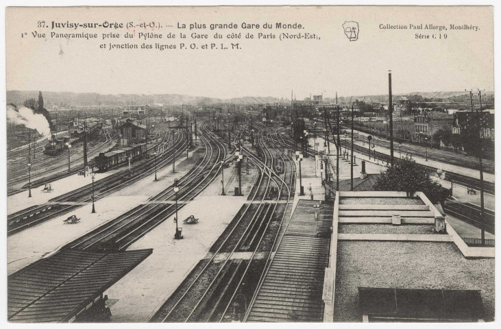 JUVISY-SUR-ORGE. - La plus grande gare du monde. Vue panoramique prise du pylône de la gare du côté de Paris (Nord-Est, et jonction des lignes PO et PLM. Seine-et-Oise Artistique, Paul Allorge. 