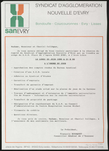 EVRY. - Ordre du jour de la réunion du comité du syndicat d'agglomération nouvelle d'Evry, 25 juin 1990. 