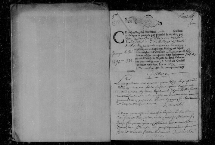 GRANGES-LE-ROI (LES). Paroisse Saint-Léonard : Baptêmes, mariages, sépultures : registre paroissial (1696-1734). 
