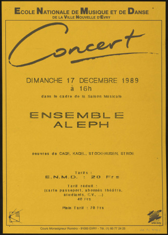 EVRY. - Concert : Ensemble Aleph, 17 décembre 1989. 