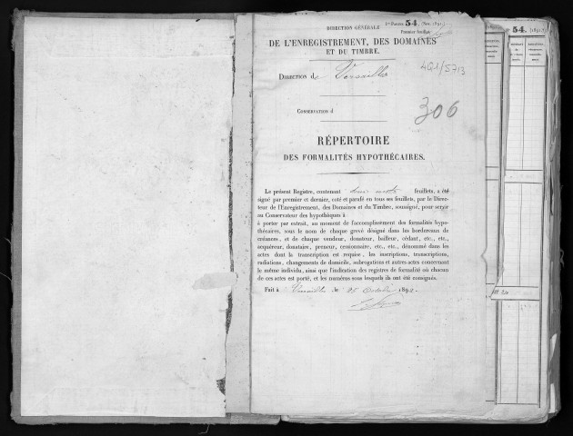 Conservation des hypothèques de CORBEIL. - Répertoire des formalités hypothécaires, volume n° 306 : A-Z (registre ouvert en 1892). 