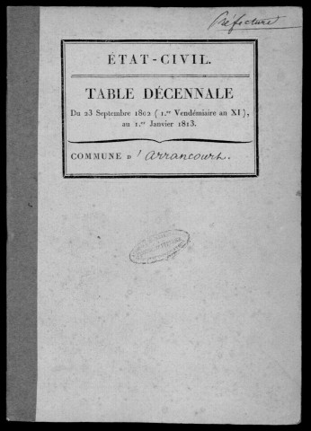 ARRANCOURT. Tables décennales (1802-1902). 