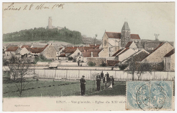 LINAS. - Vue générale du bourg, église, jardins potagers et tour du château de Montlhéry, (1905), 15 lignes, 2x5 c, ad., coloriée. 