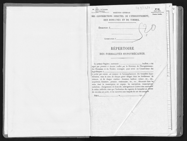 Conservation des hypothèques de CORBEIL. - Répertoire des formalités hypothécaires, volume n° 520 : A-Z (registre ouvert vers 1920). 